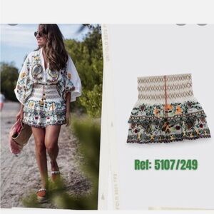 Zara White Embroidered Tiered Mini Skirt with Multicolor Floral Motifs